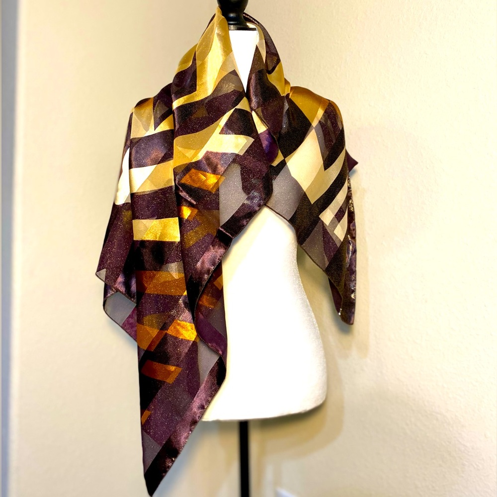 graphic-print scarf golden brown shiny beige